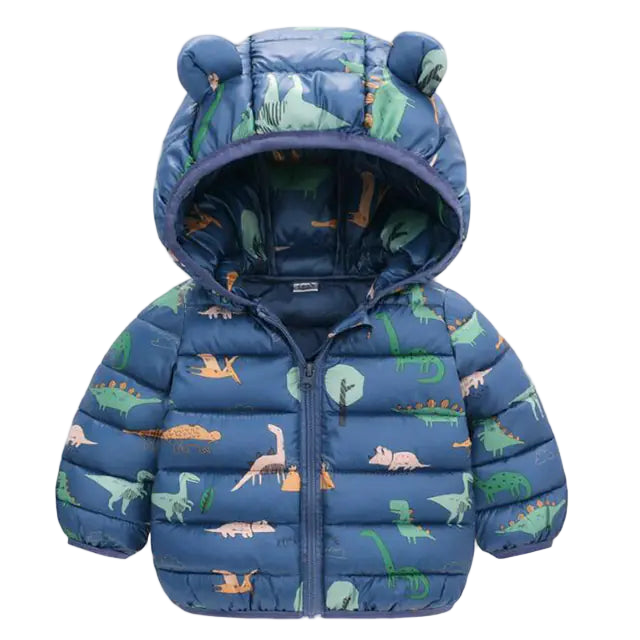 Blue children's puffer jacket with dinosaur pattern on a white background