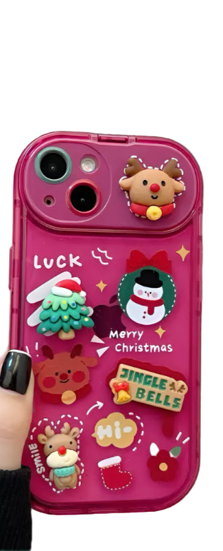 Pink phone case with Christmas-themed stickers held by a hand against a beige background