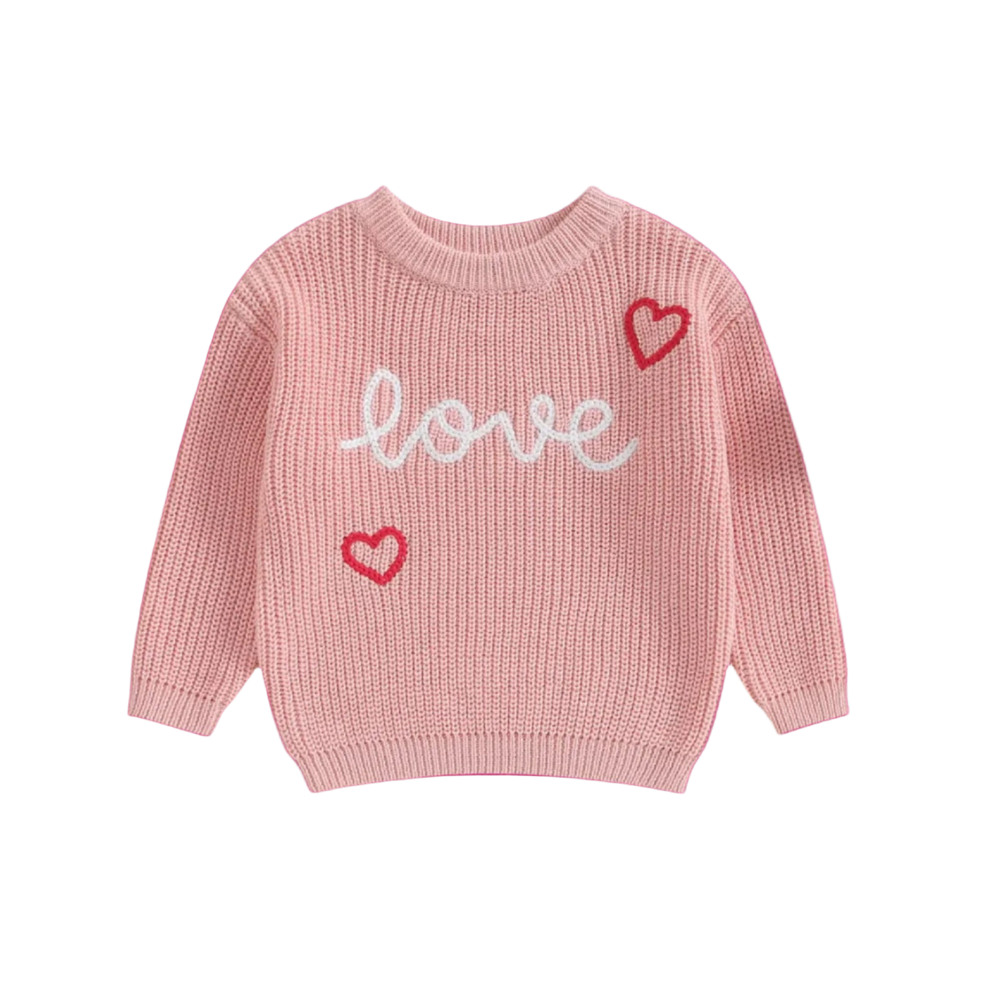 Pink sweater with 'love' and heart designs on a white background