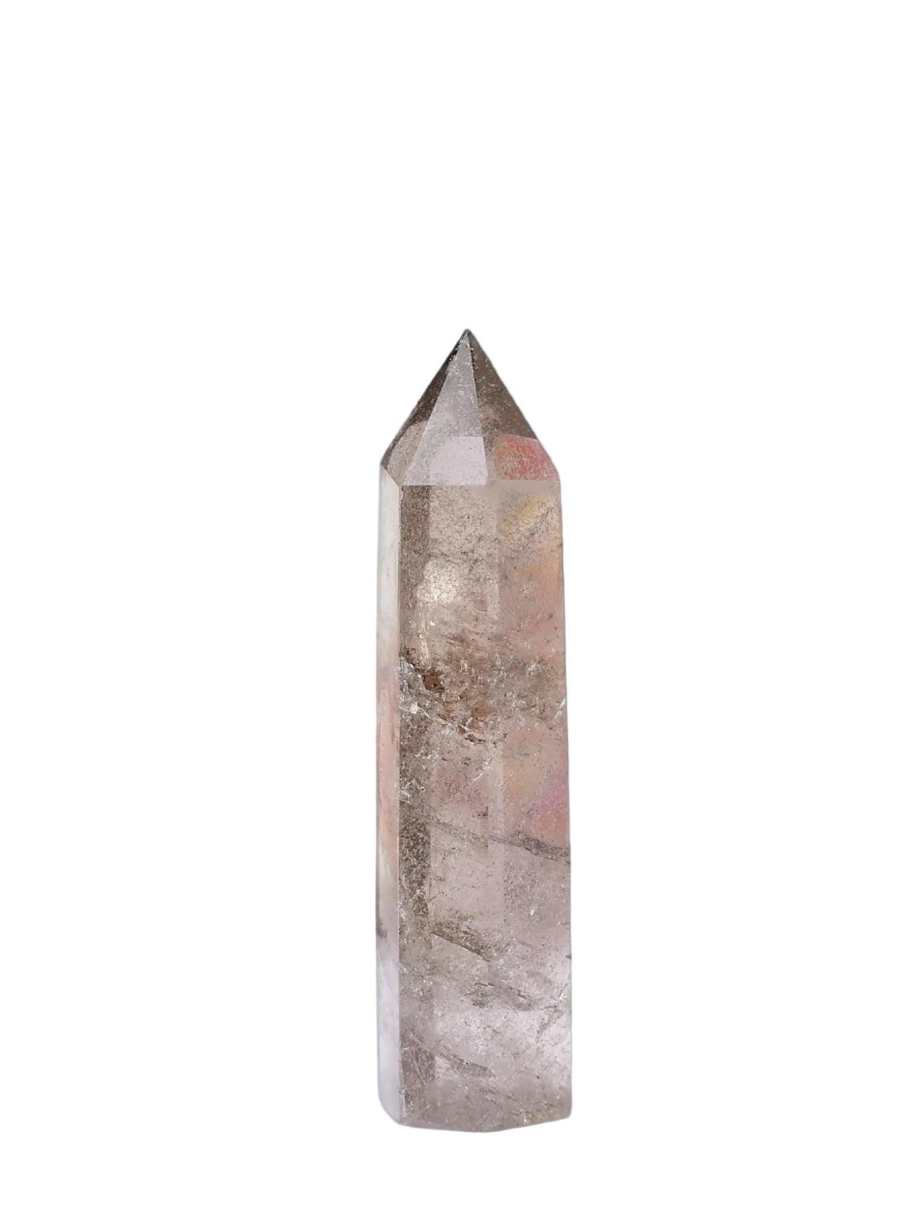 Crystal tower on a white surface with a blurred background