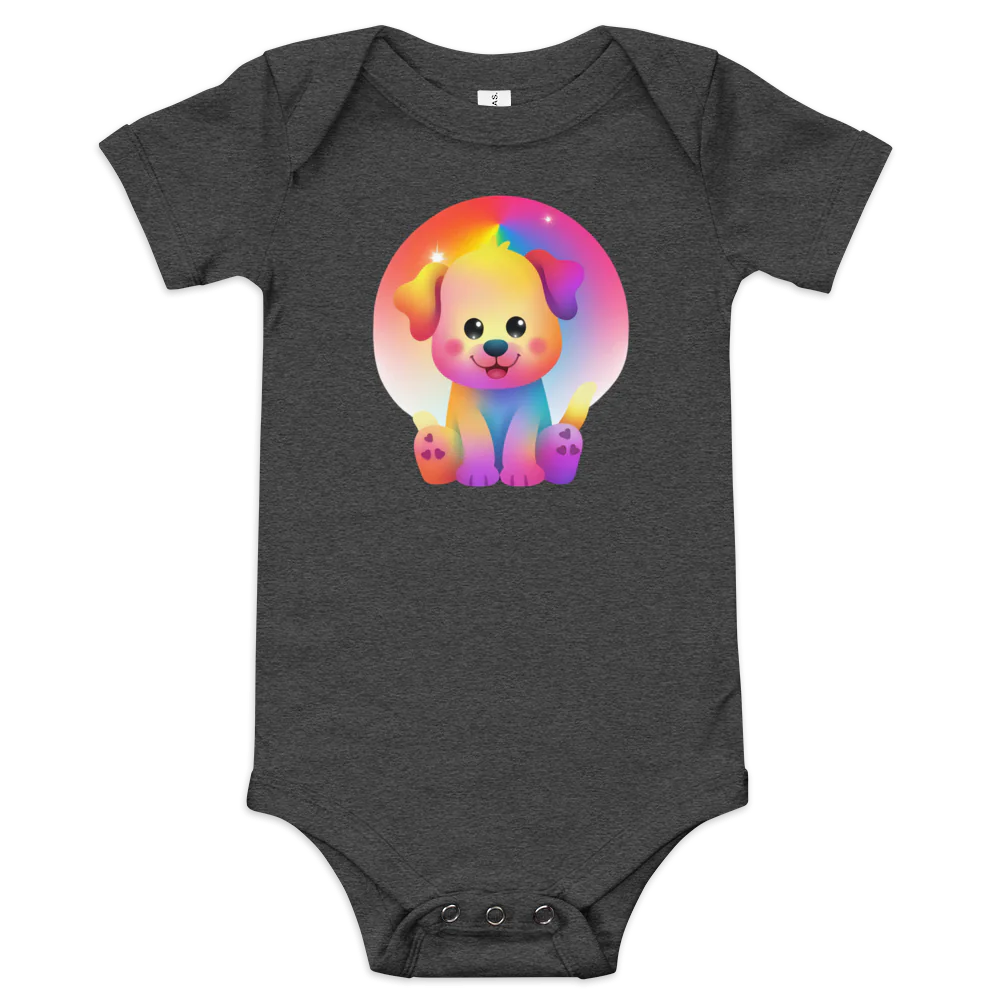 Gray baby onesie with a colorful dog design on a white background