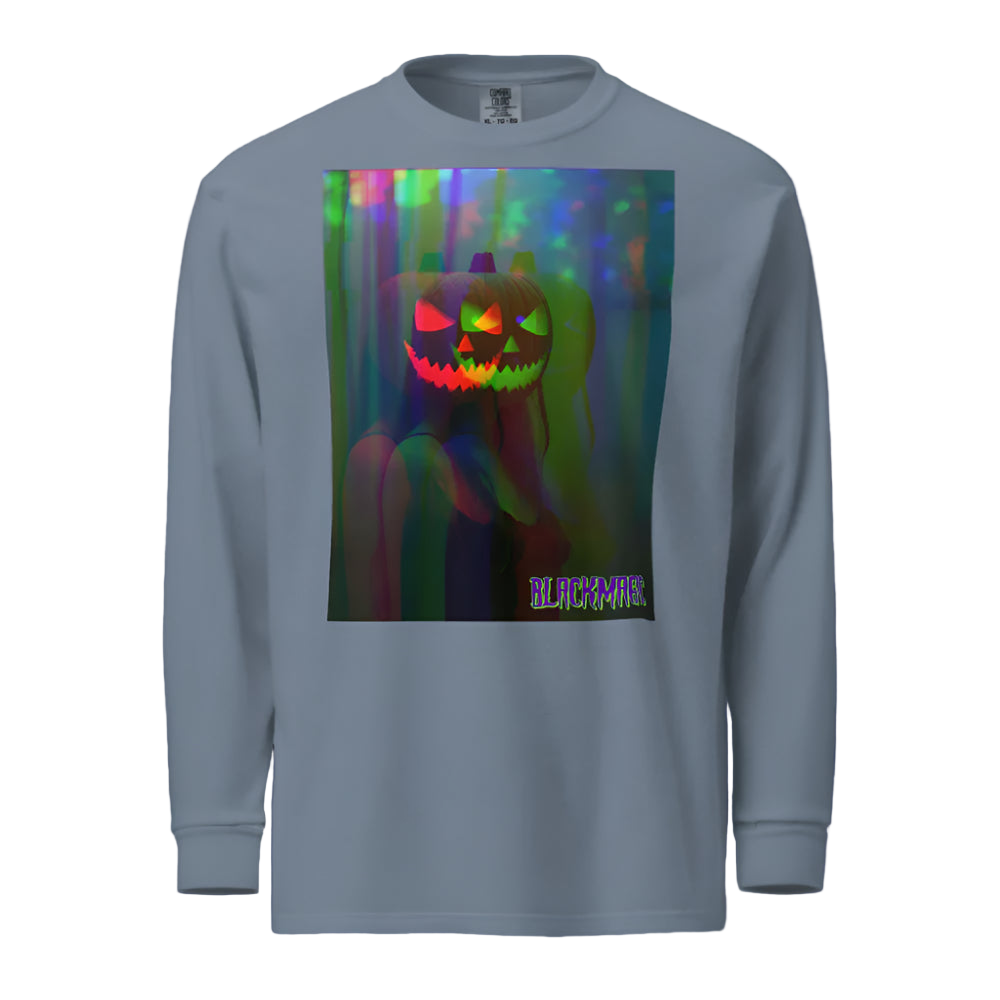 Gray long-sleeve shirt with a colorful pumpkin design on a white background