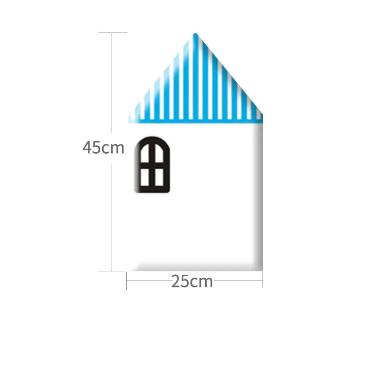 Measurement chart with a blue striped object, black window icon, and dimensions on a white background