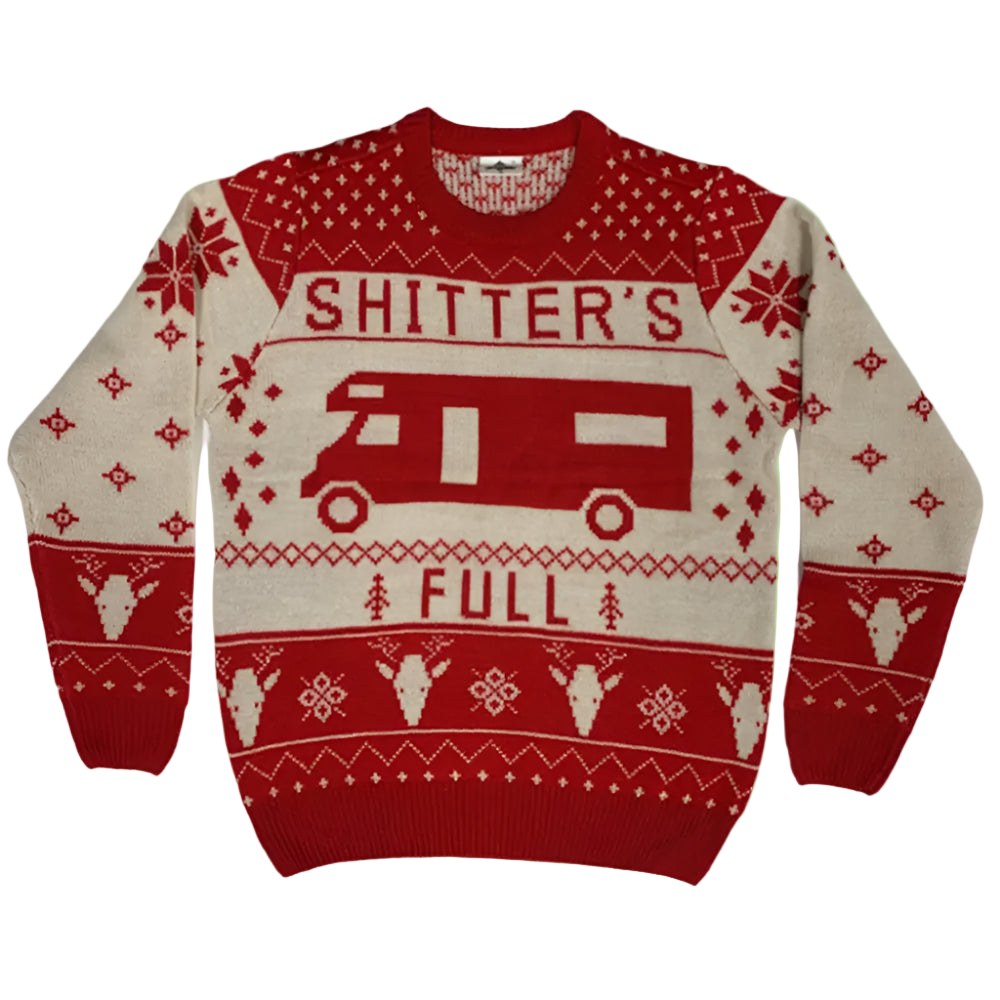 Red and beige sweater with graphic design and text on a white background