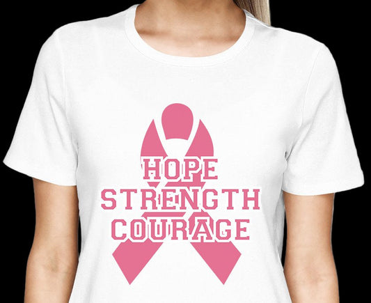 White t-shirt with pink breast cancer awareness ribbon and text on a white background