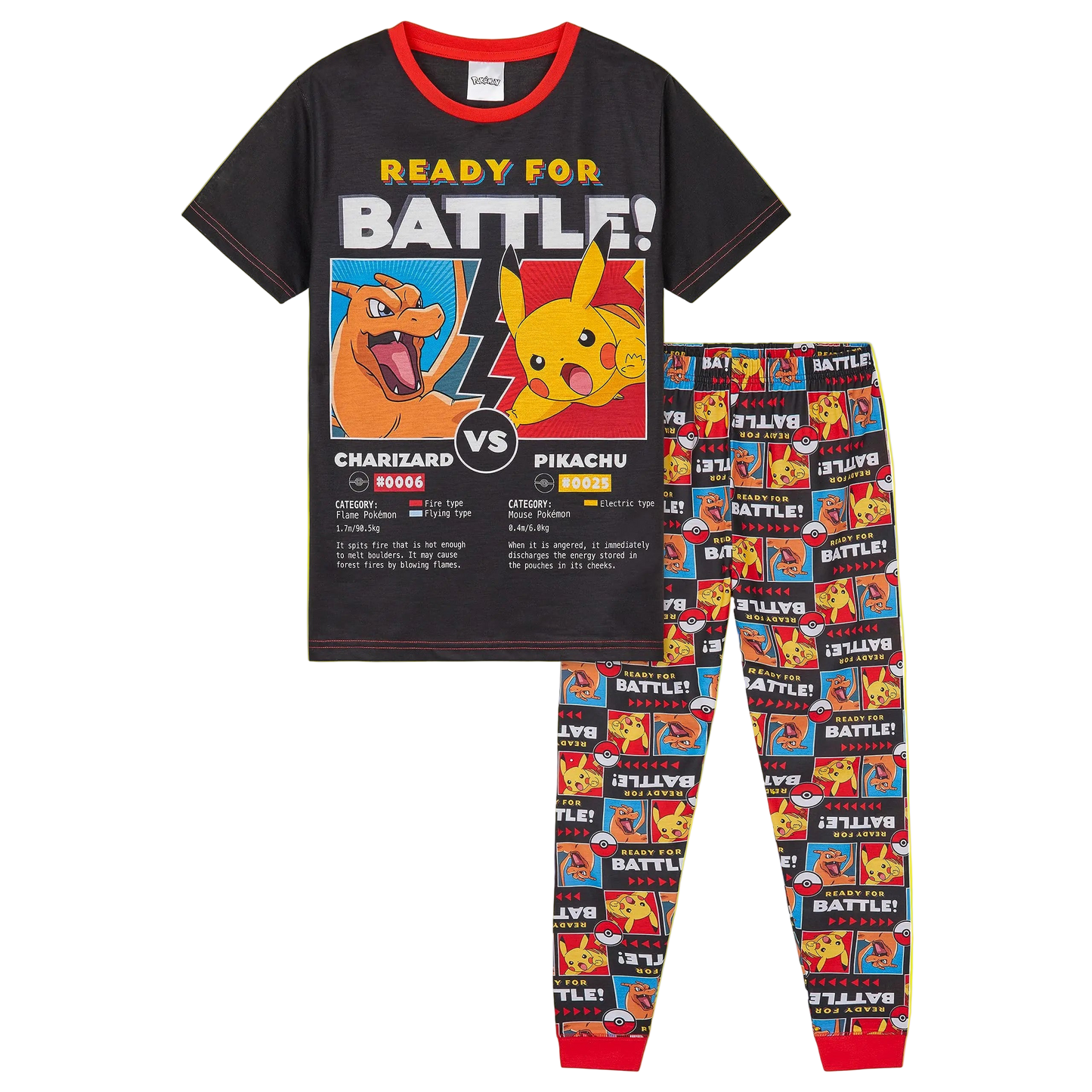 Children's pajama set with Charizard and Pikachu design on a white background