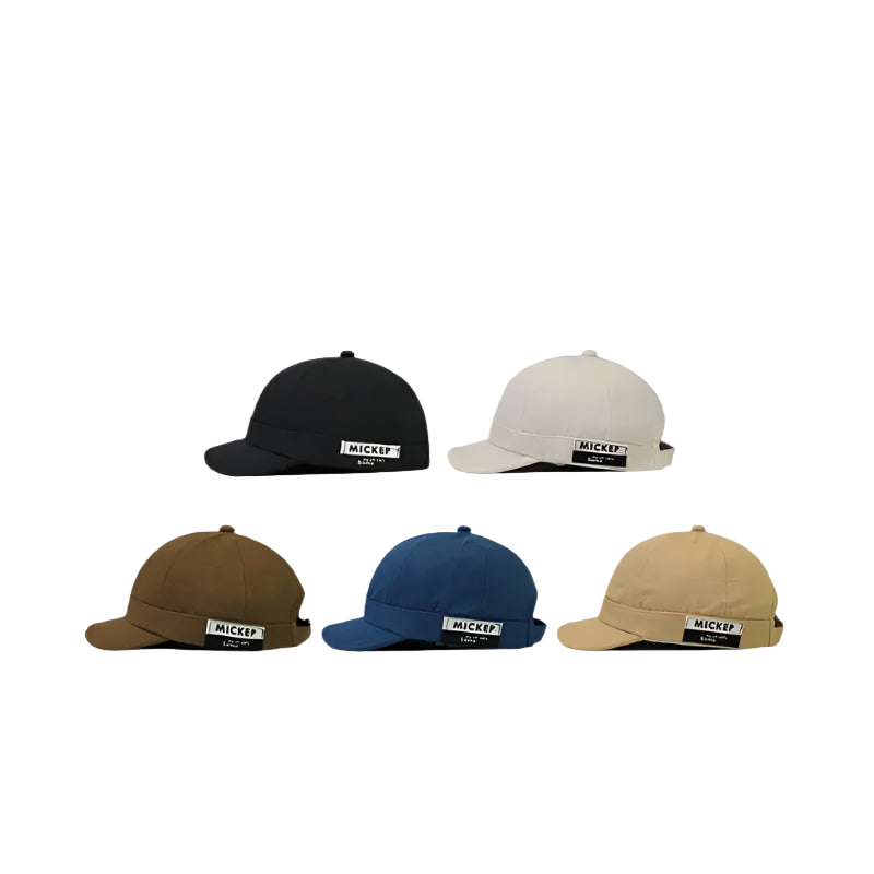 Five caps in different colors with 'MICKEP' branding on a white background