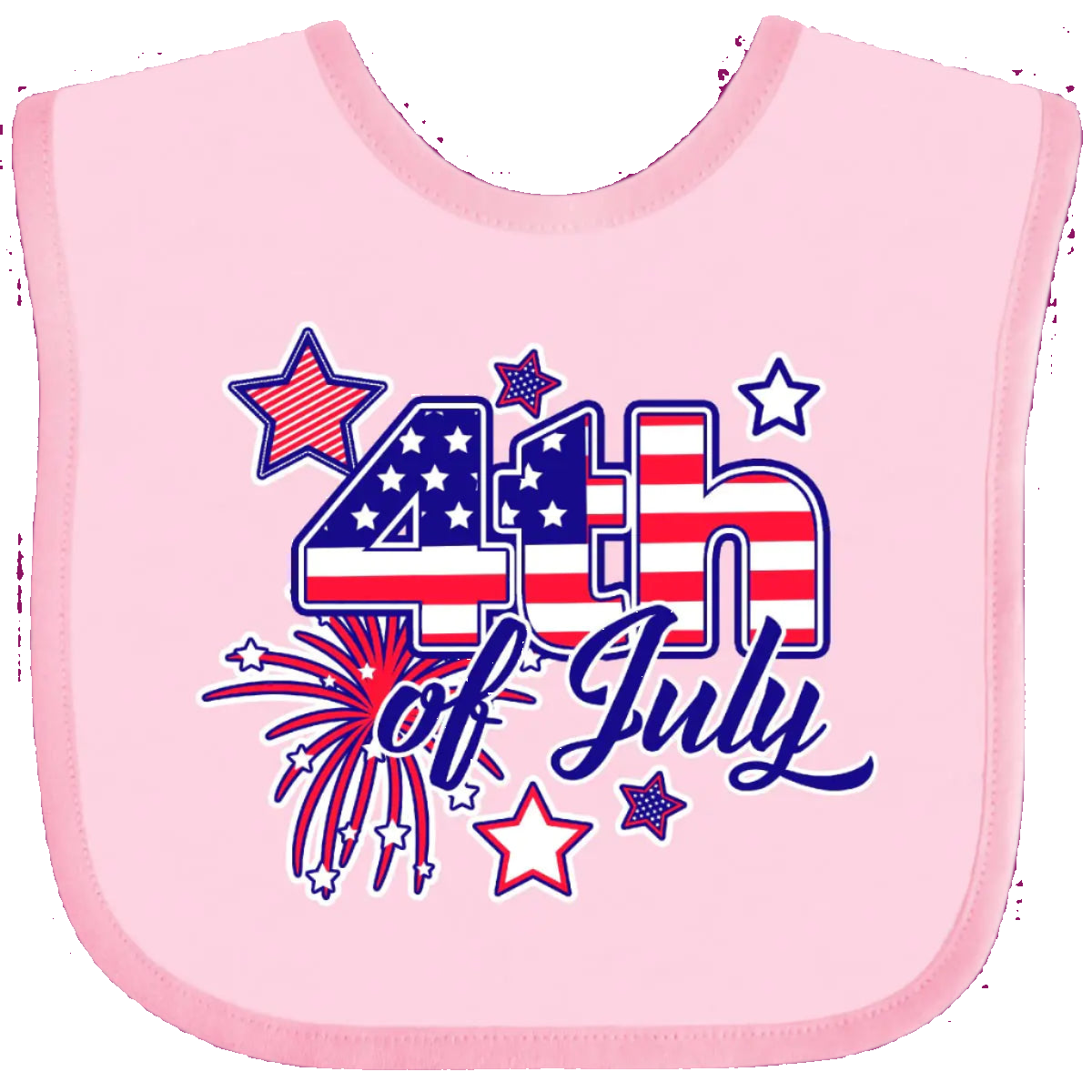 Pink baby bib with '4th of July' design featuring stars and fireworks on a white background