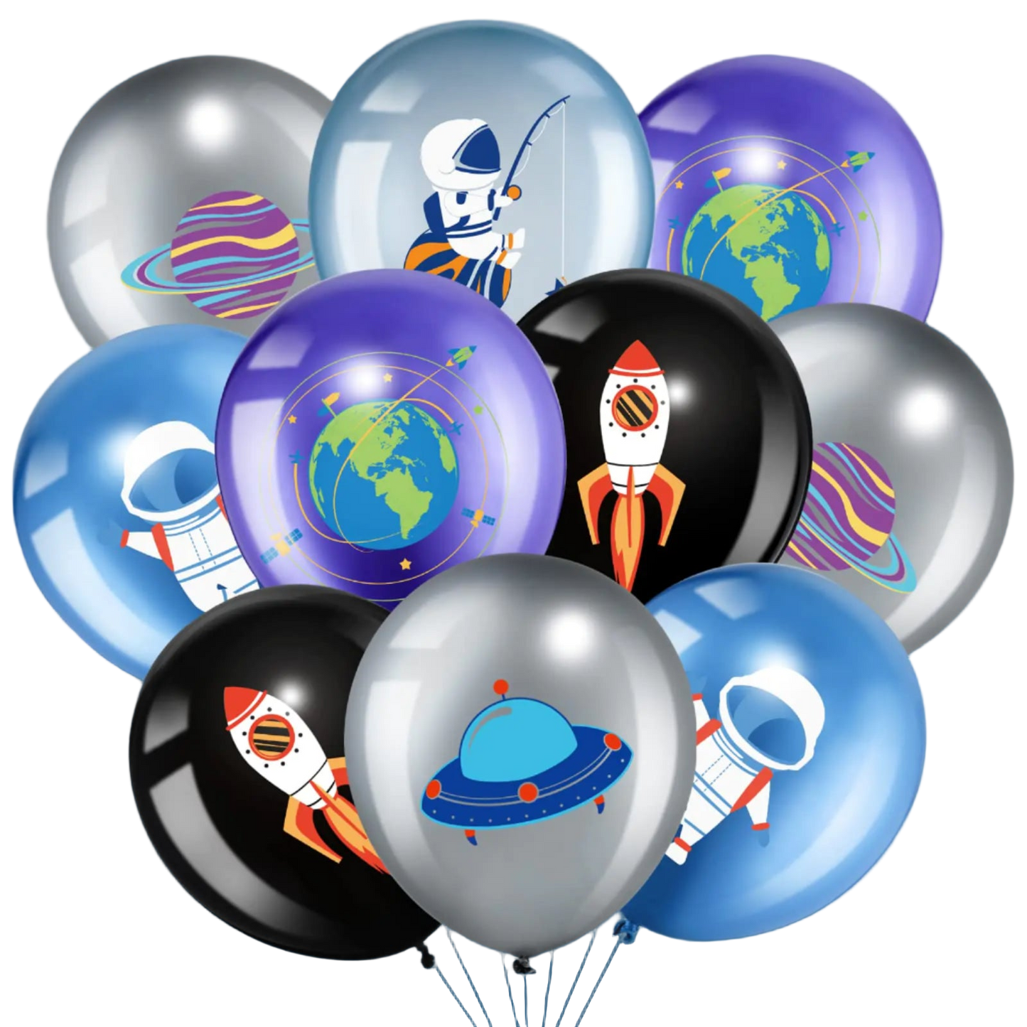 Space-themed balloons with rockets, planets, and stars on a white background