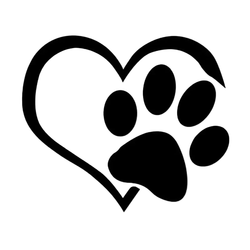Black paw print inside a heart shape on a white background
