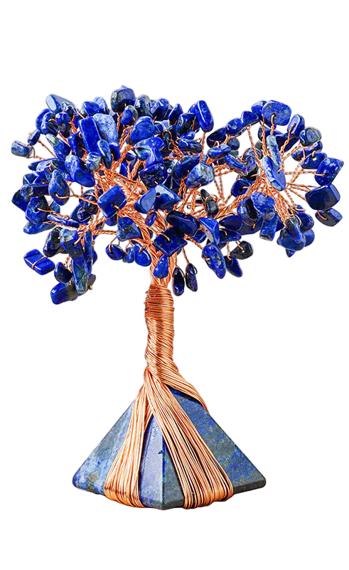 Decorative tree made of blue stones on a wooden surface with a white background