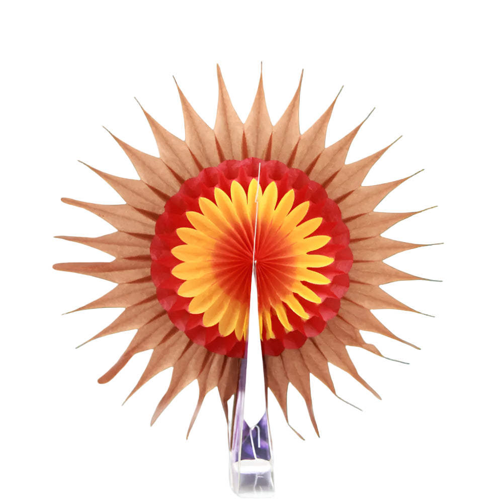 Decorative paper fan with red and yellow center on a white background