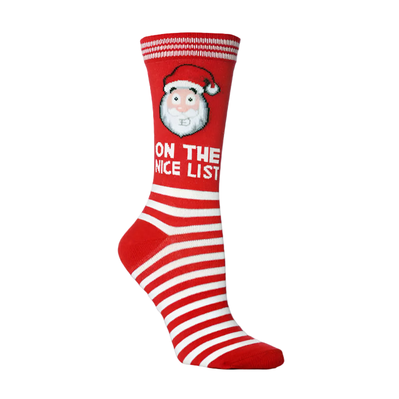 Red and white striped sock with Santa face and 'On The Nice List' text on a white background