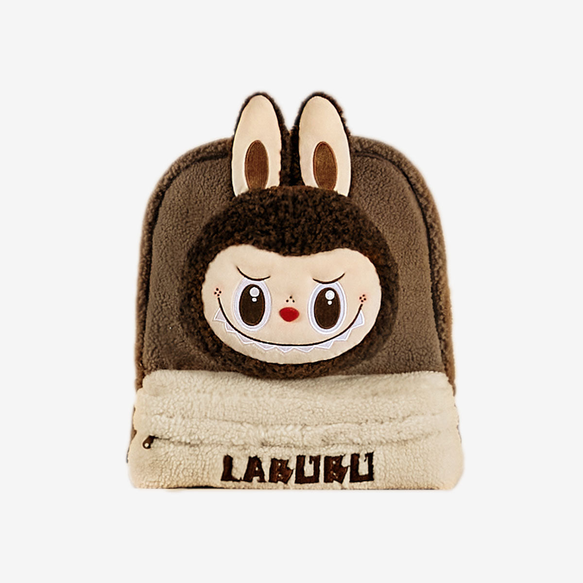 Plush toy with a Labubu cartoon face and bunny ears on a white background