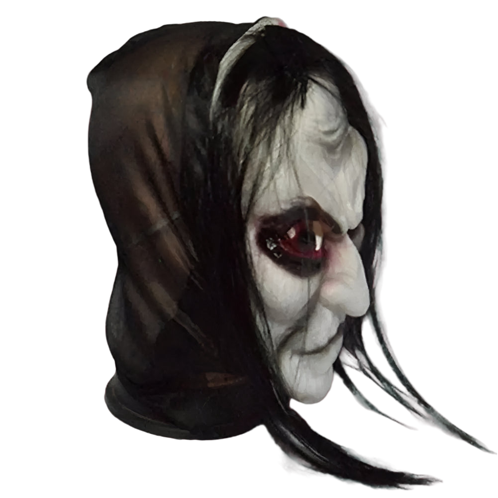Halloween mask with dark hood and red eyes on a light background