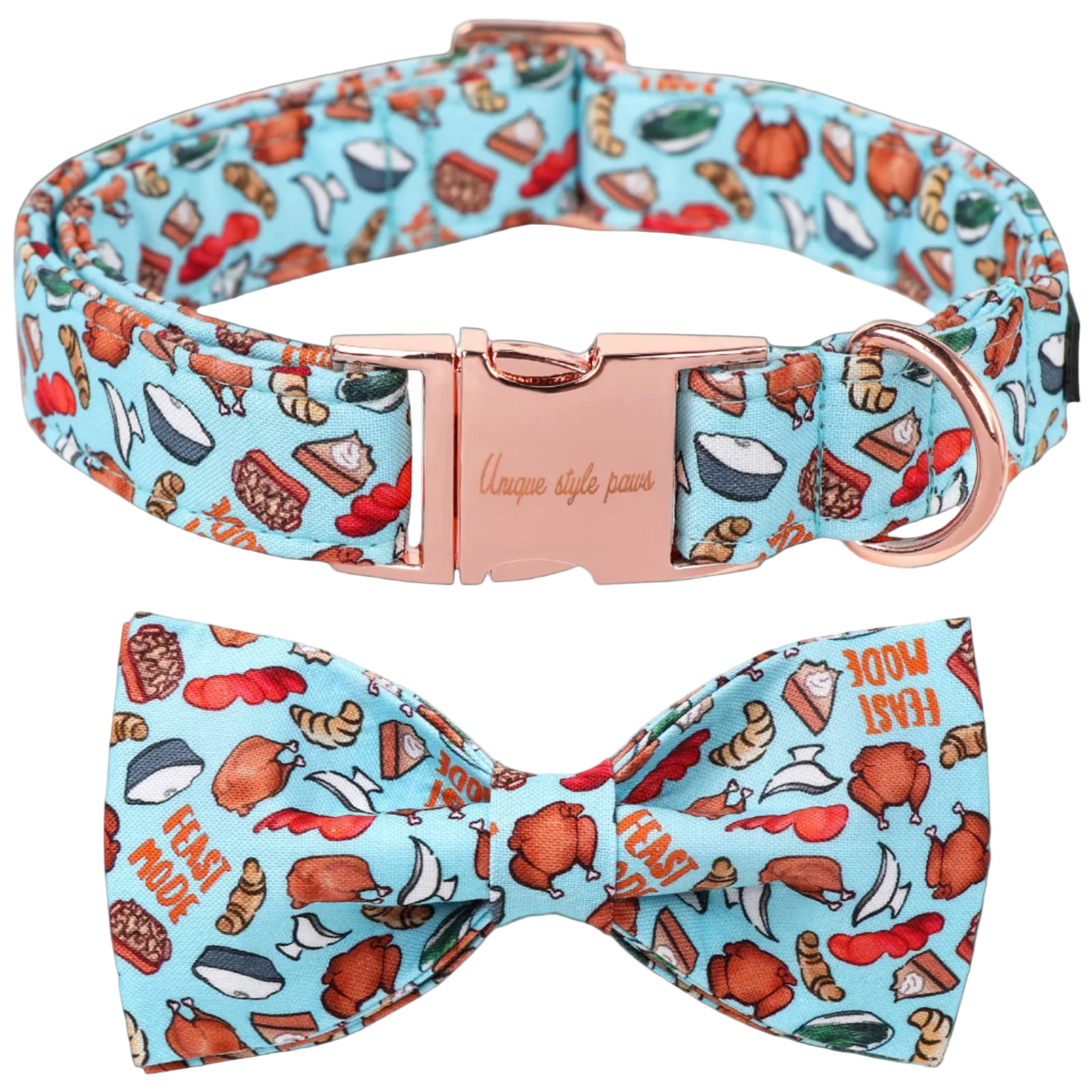 Dog collar and bow tie set with food-themed design on a blue background