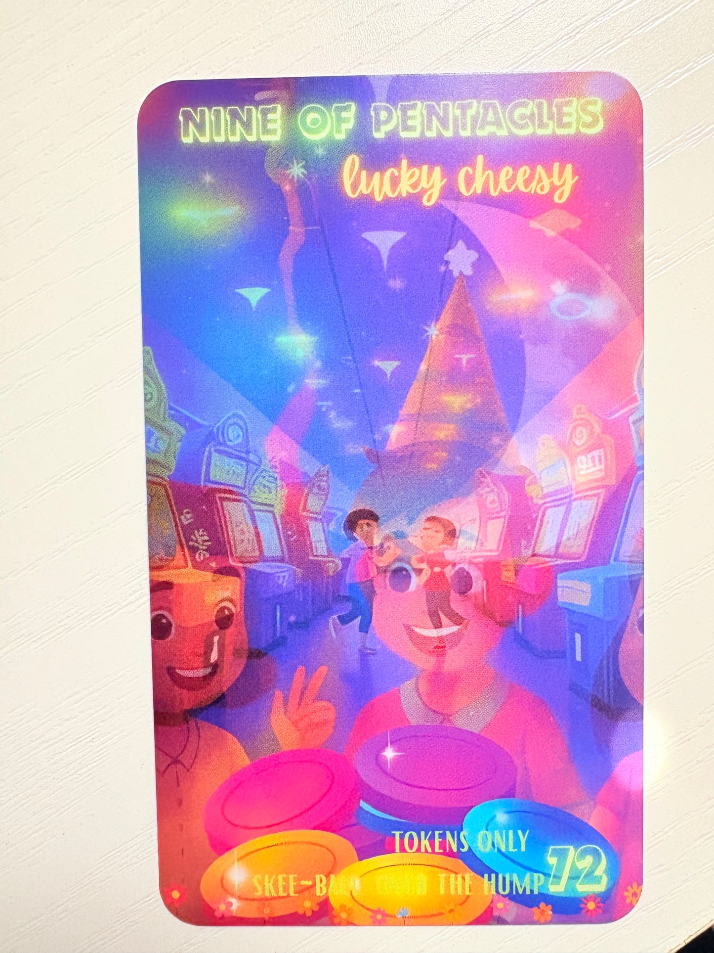 Colorful card with cartoon characters and text on a white background