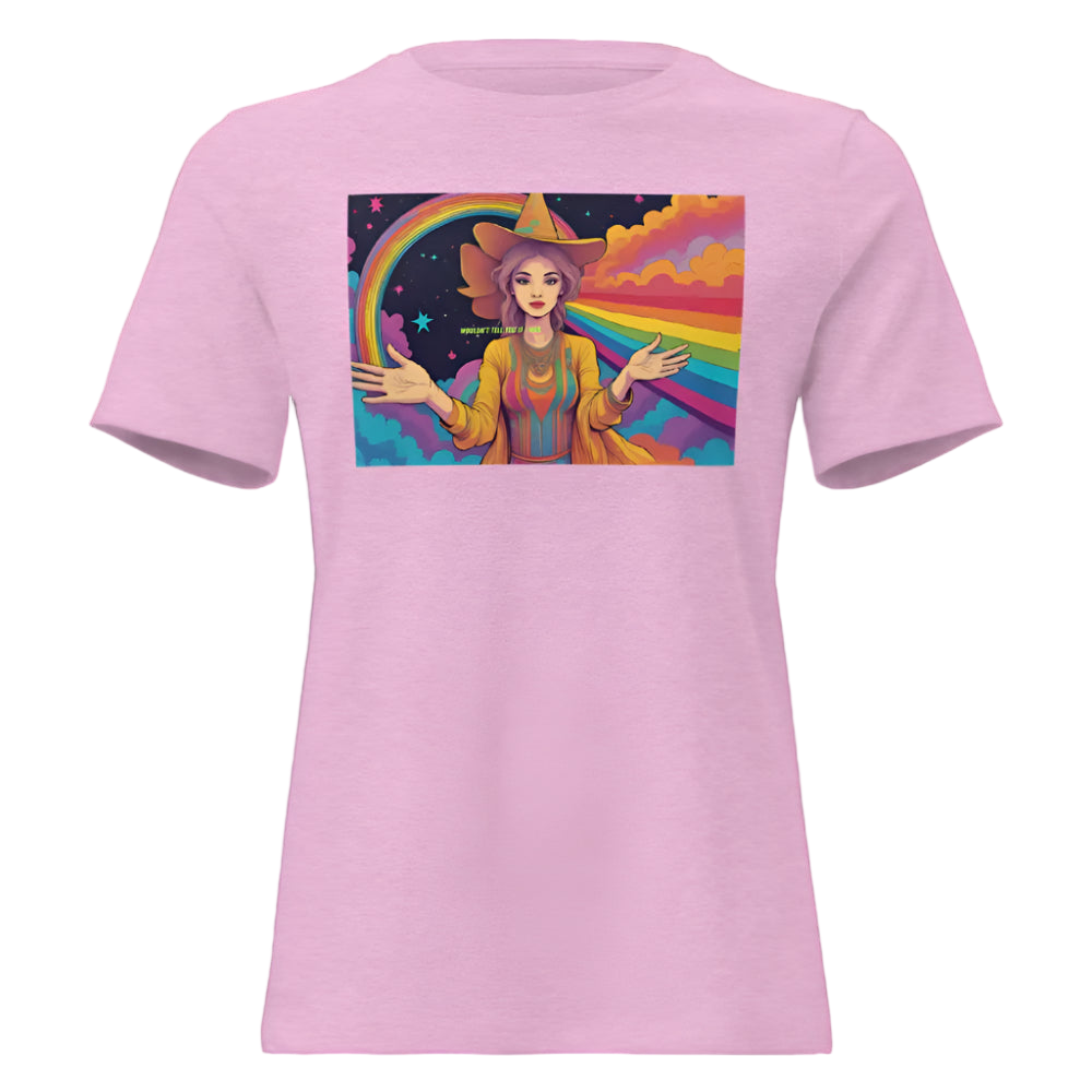 Pink t-shirt with a colorful graphic of a person with animal ears and a rainbow on a white background