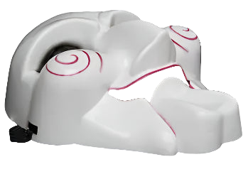 White and pink mechanical object resembling a robot or futuristic device on a black background