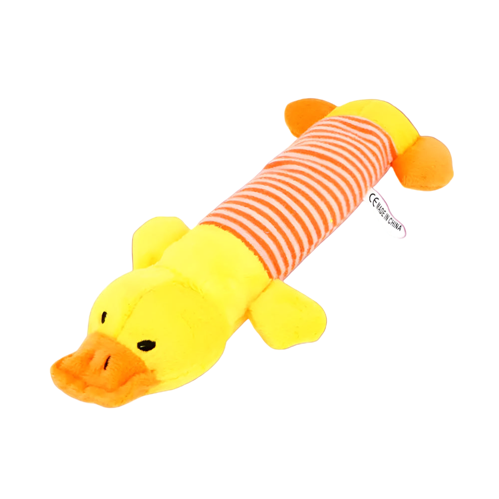 Plush toy shaped like a duck with an orange striped body on a white background
