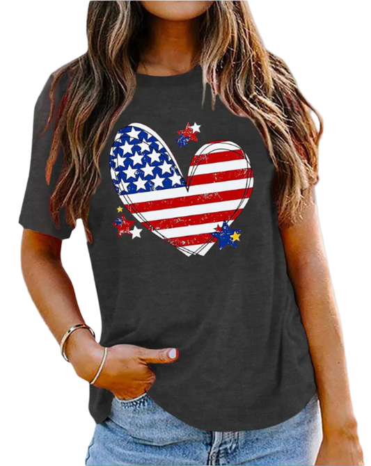 Person wearing a black t-shirt with an American flag heart design.