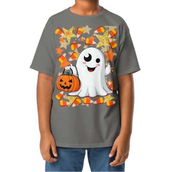 Child wearing a Halloween-themed gray t-shirt with a ghost, pumpkin, and candy corn design.