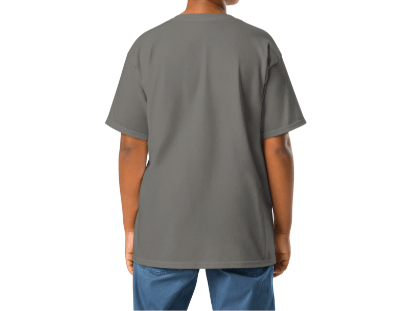 Person wearing a gray t-shirt on a white background