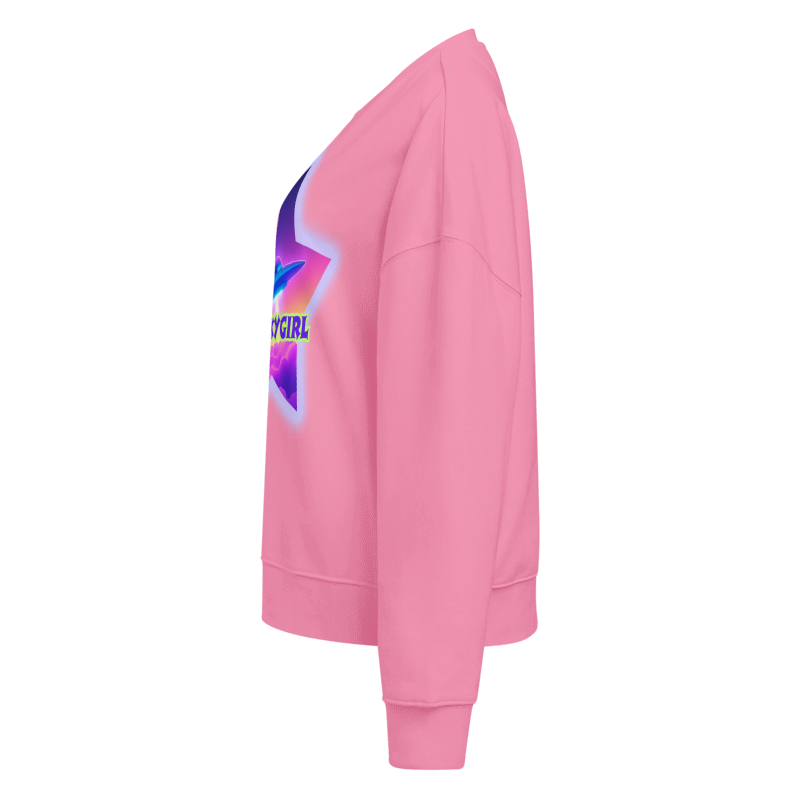Pink hoodie with a colorful graphic on the back against a white background