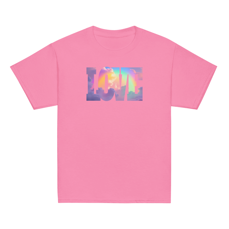 Pink t-shirt with colorful 'LOVE' graphic on a white background