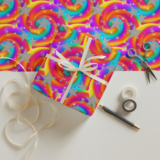 Gift box with ribbon and scissors on a colorful patterned background
