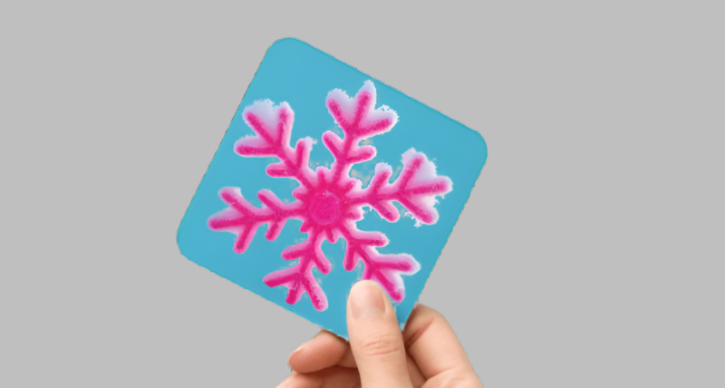 Hand holding a card with a pink snowflake design on a white background