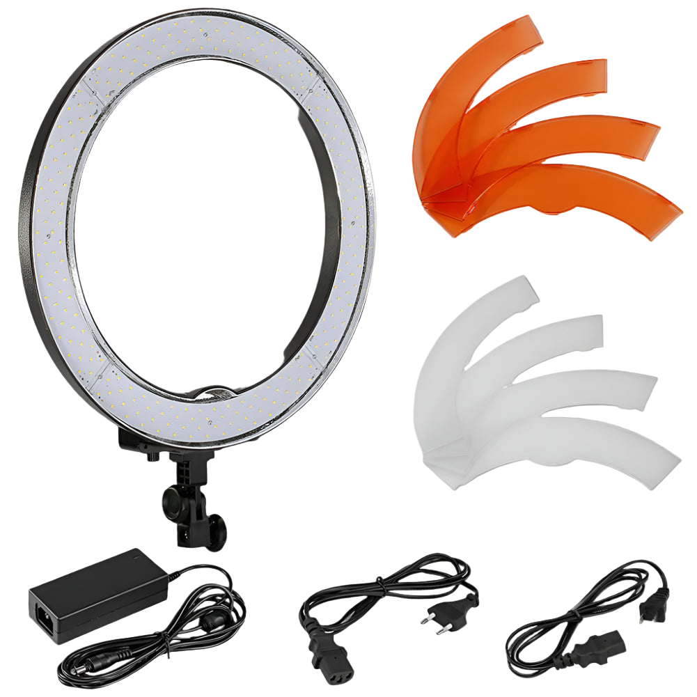 Ring light with accessories on a white background