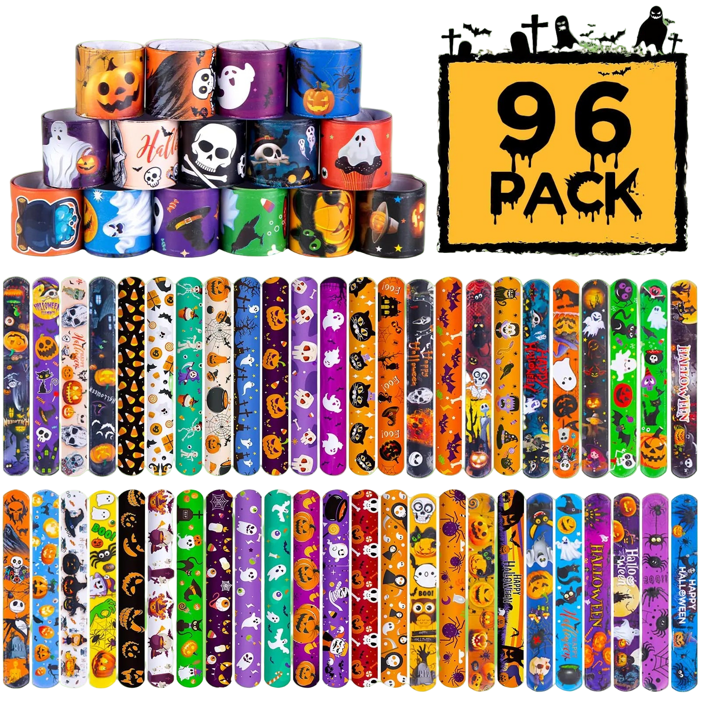 96-pack of Halloween-themed wristbands with various designs on a white background.