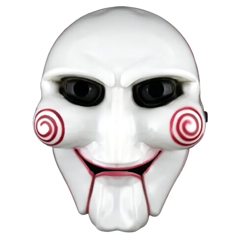 White mask with red spiral eyes and mouth on a white background