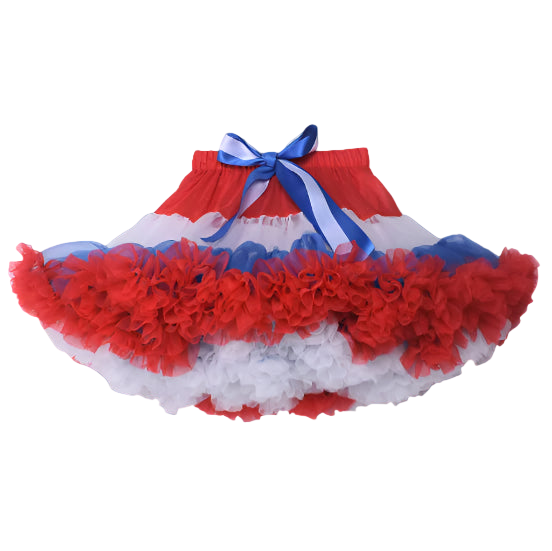 Red, white, and blue baby skirt with a bow on a white background