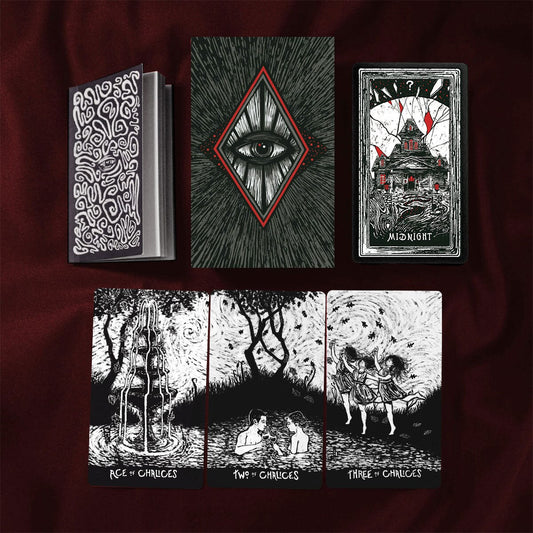 Collection of black and white illustrations on a dark background