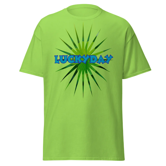 Green t-shirt with 'LUCKY DAY' text on a white background