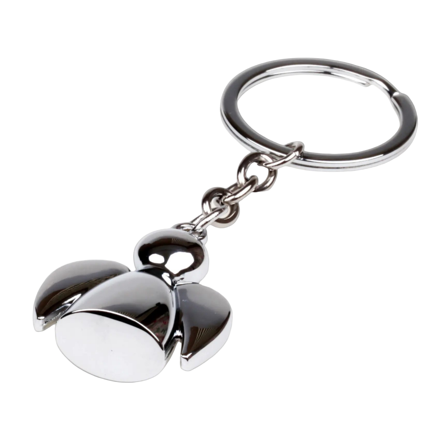 Metallic keychain with a bell-shaped charm on a white background