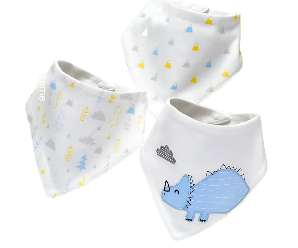 Three baby bibs with cartoon designs on a white background, featuring the brand 'Insular'.