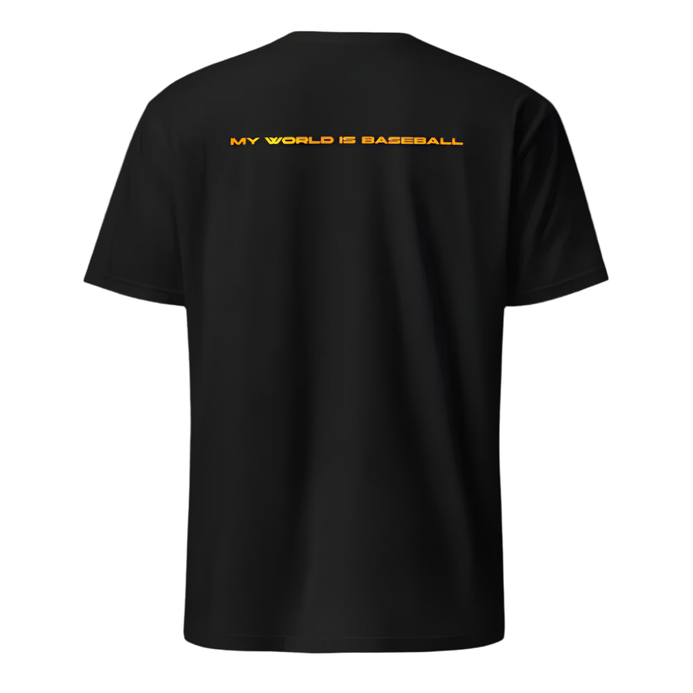 Black t-shirt with yellow text 'MY WORLD IS BASEBALL' on the back against a white background