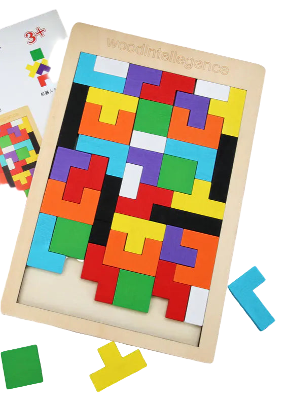 Colorful wooden puzzle with instructions on a wooden surface
