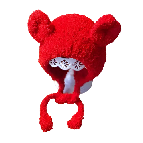 Red knitted hat with bear ears on a white background