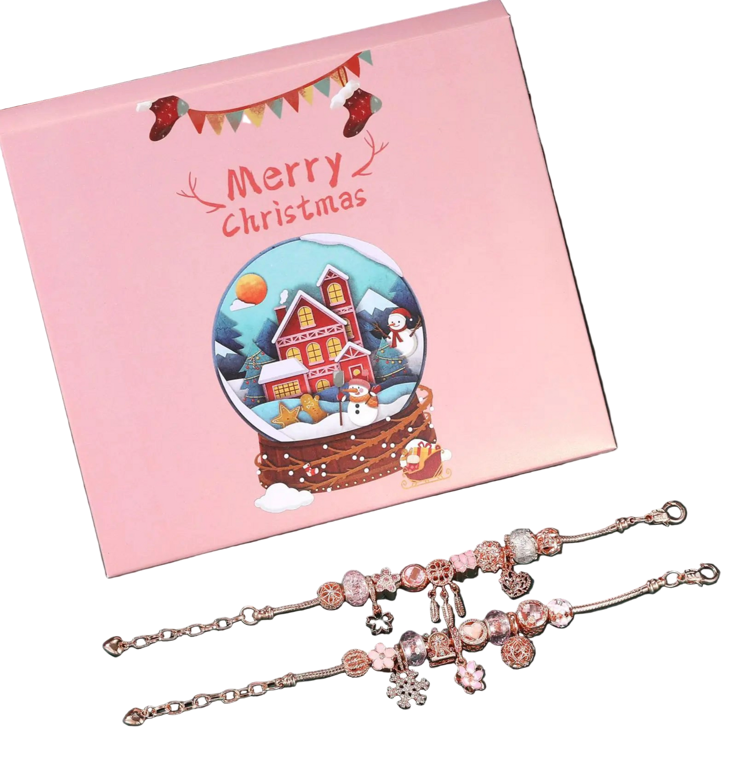 Bracelets with charms on a pink 'Merry Christmas' card with a snow globe design.