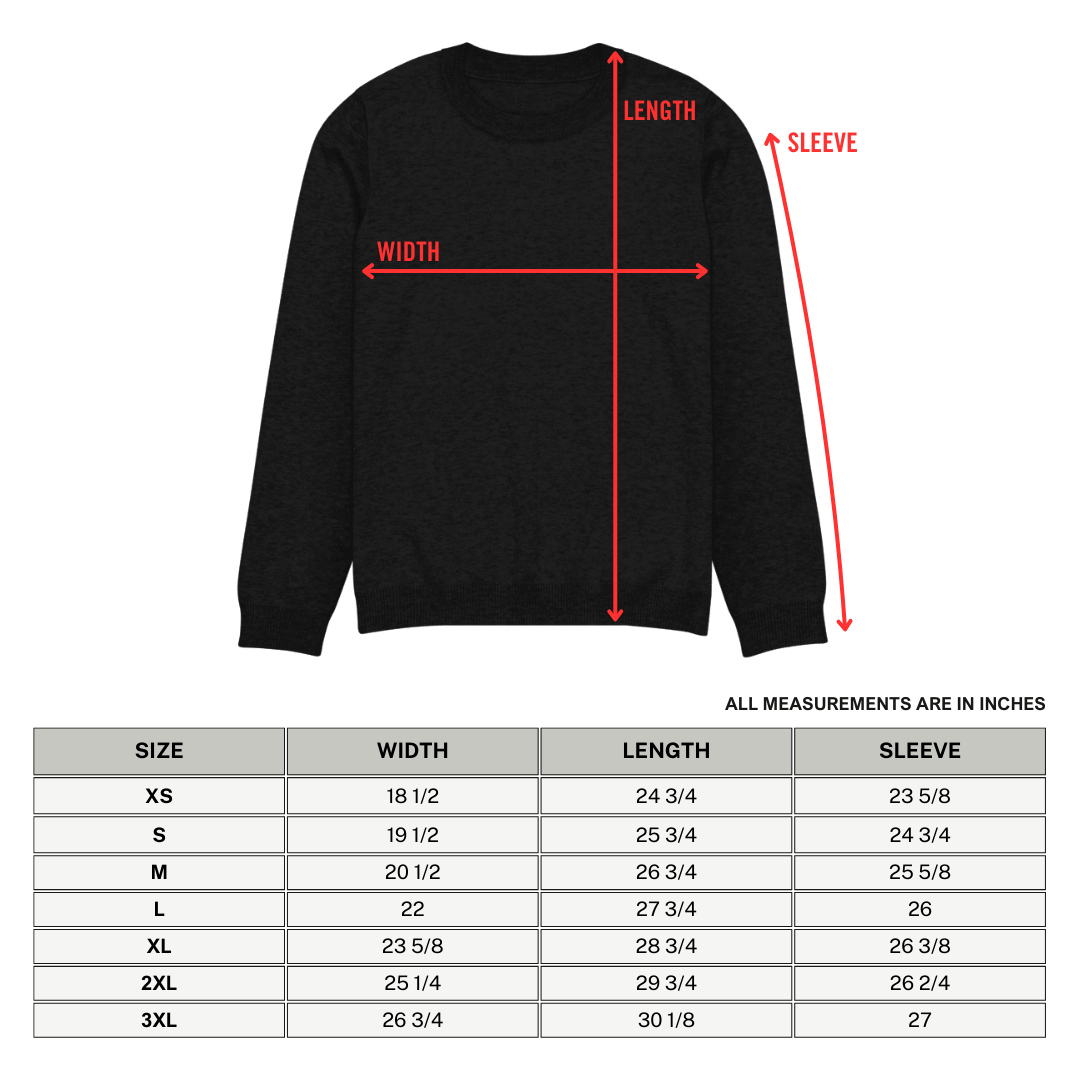 Black sweatshirt with measurement lines and a size chart on a white background