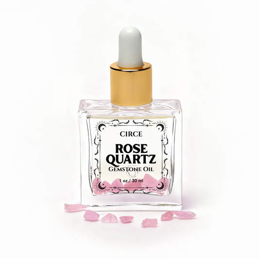 Circe Rose Quartz Gemstone Oil bottle with dropper on a white background
