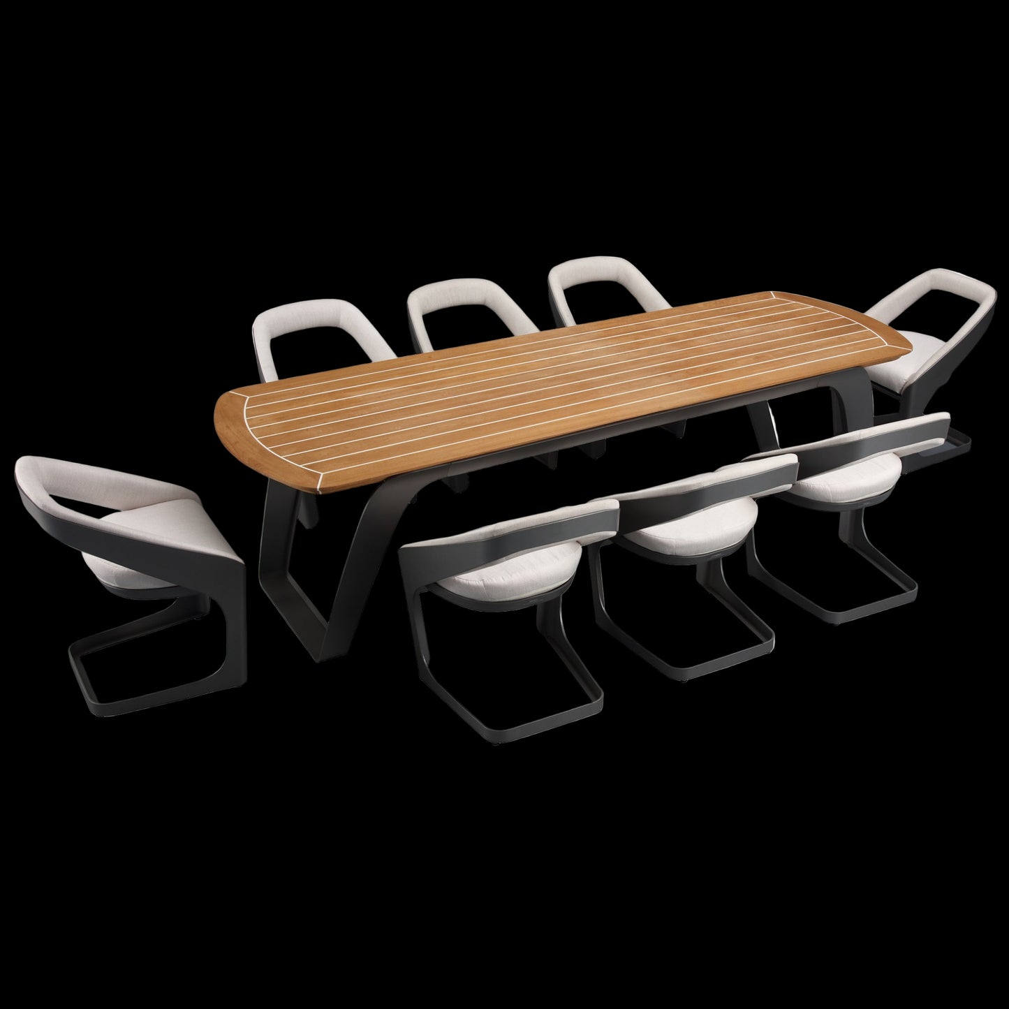 Wooden table with six modern chairs on a white background