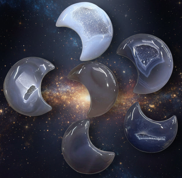 Druzy Agate Crescent Moon Carvings for Intuition and Energy Healing - Lucky Girl Gifts