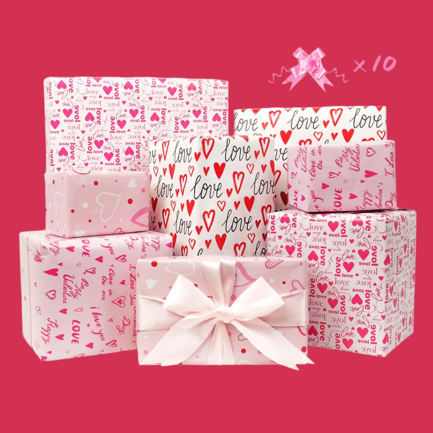 Set of gift boxes with 'love' and heart patterns on a white background