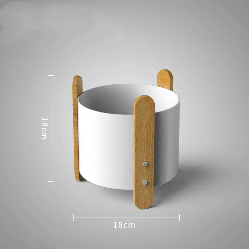 White cylindrical container with wooden handles and dimensions on a gray background