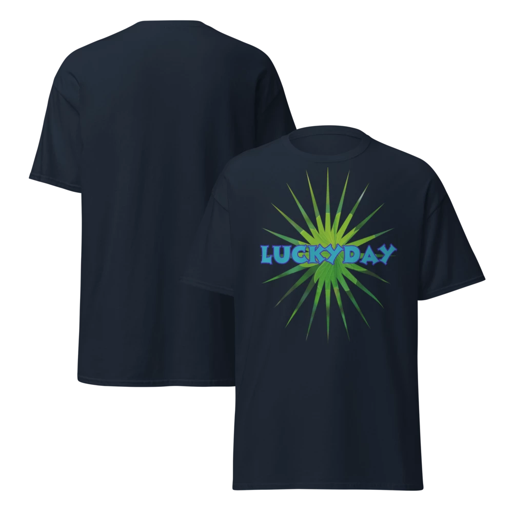 Black t-shirt with 'LUCKYDAY' design on a white background